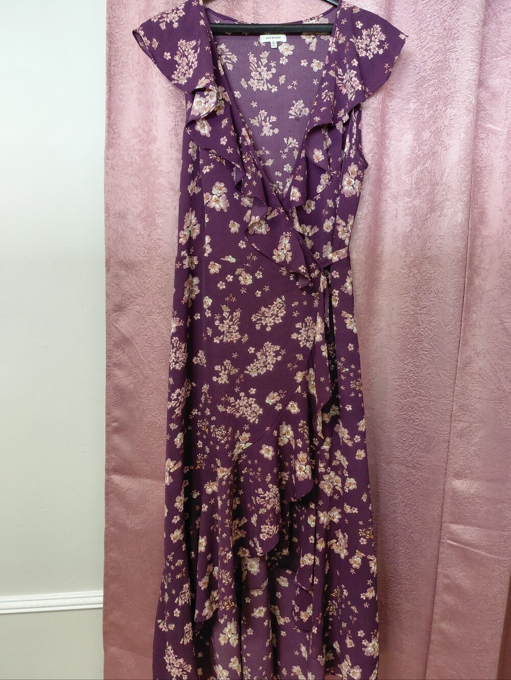 Max Studio Plum Floral Ruffle Wrap Maxi Dress W/Asymmetrical Hem
